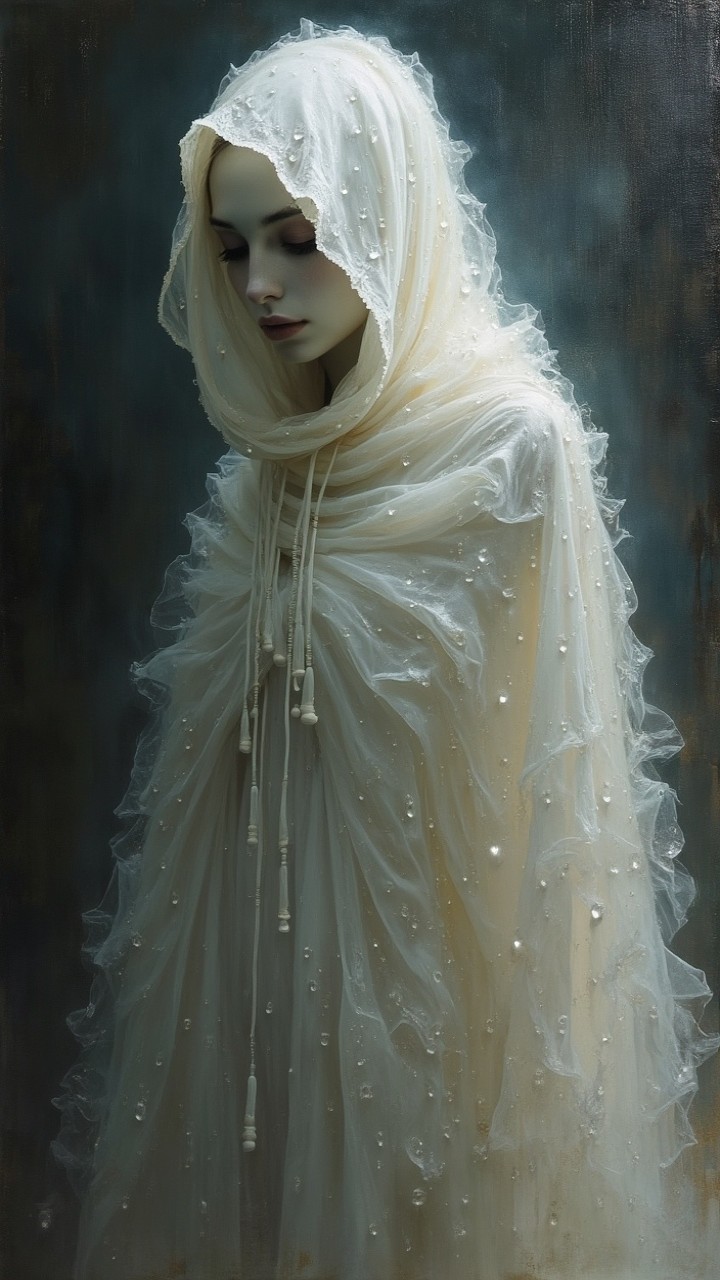 Ethereal Figure in Translucent Cloak with Pearls