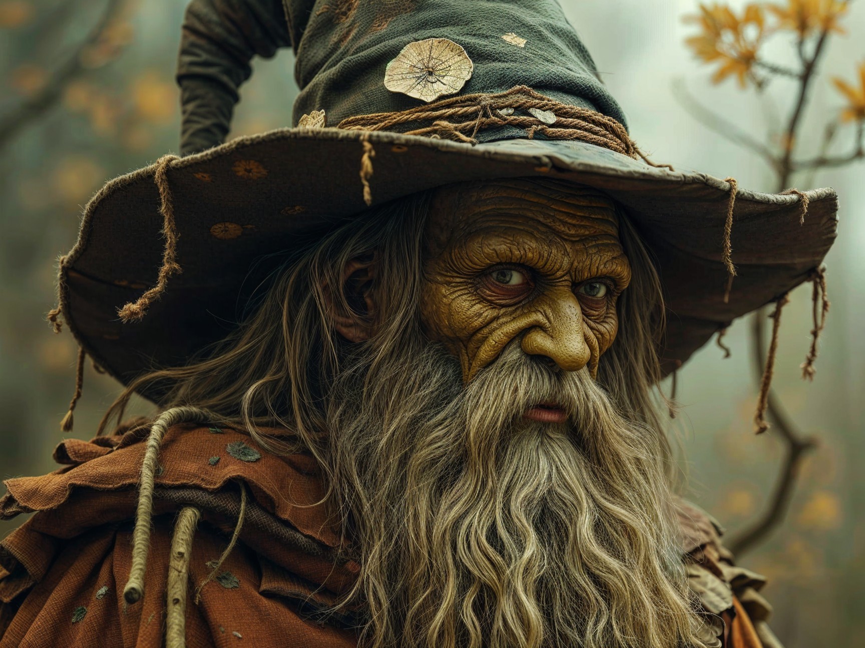 Mystical Figure in Foggy Forest with Earthy Attire