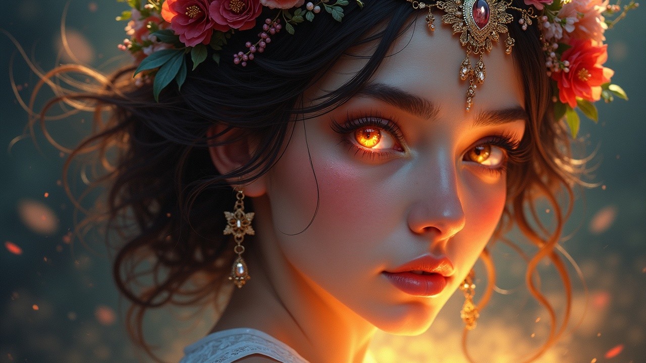 Young woman with floral crown and glowing eyes