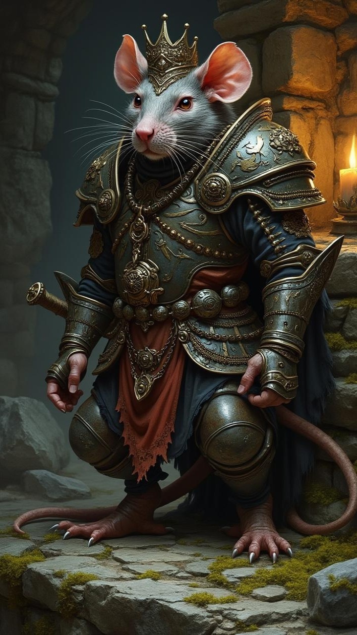 Majestic anthropomorphic mouse in ornate armor and cape