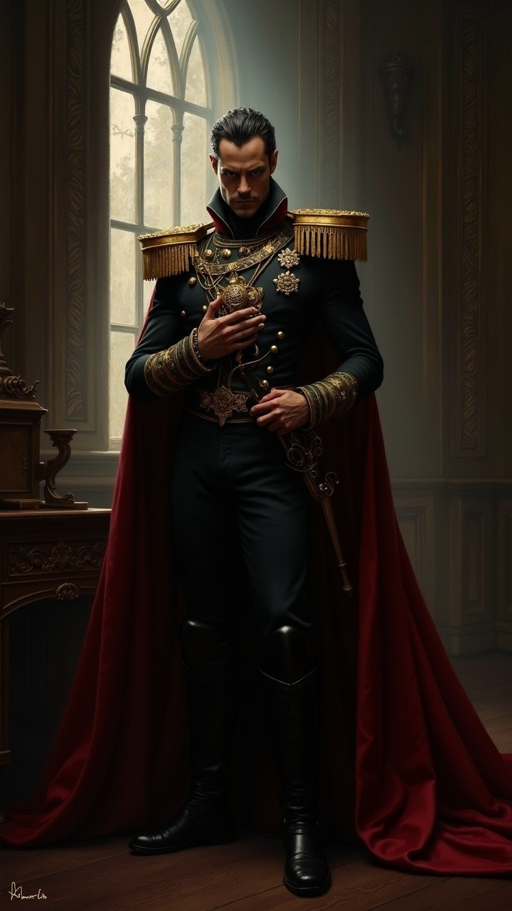 Regal Figure in Elaborate Military Uniform and Cape