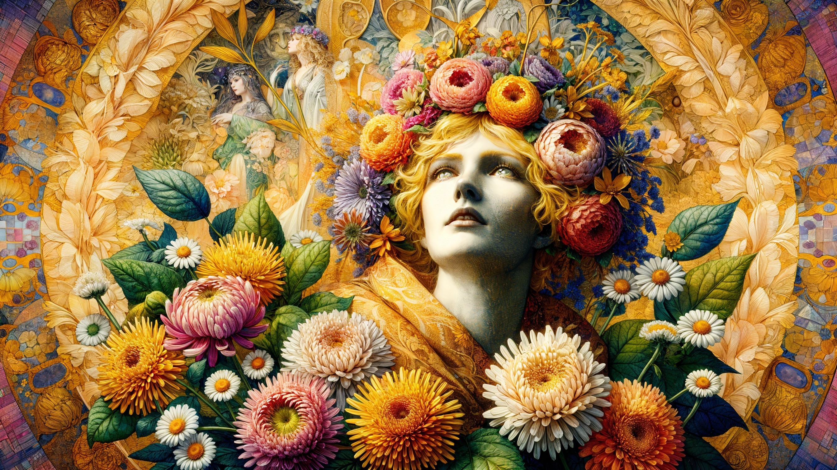 Illustration of a Woman with Floral Crown and Nature