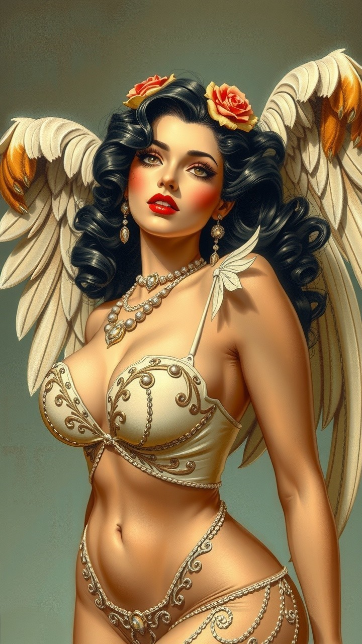 Woman with Feathered Wings and Elegant Lingerie