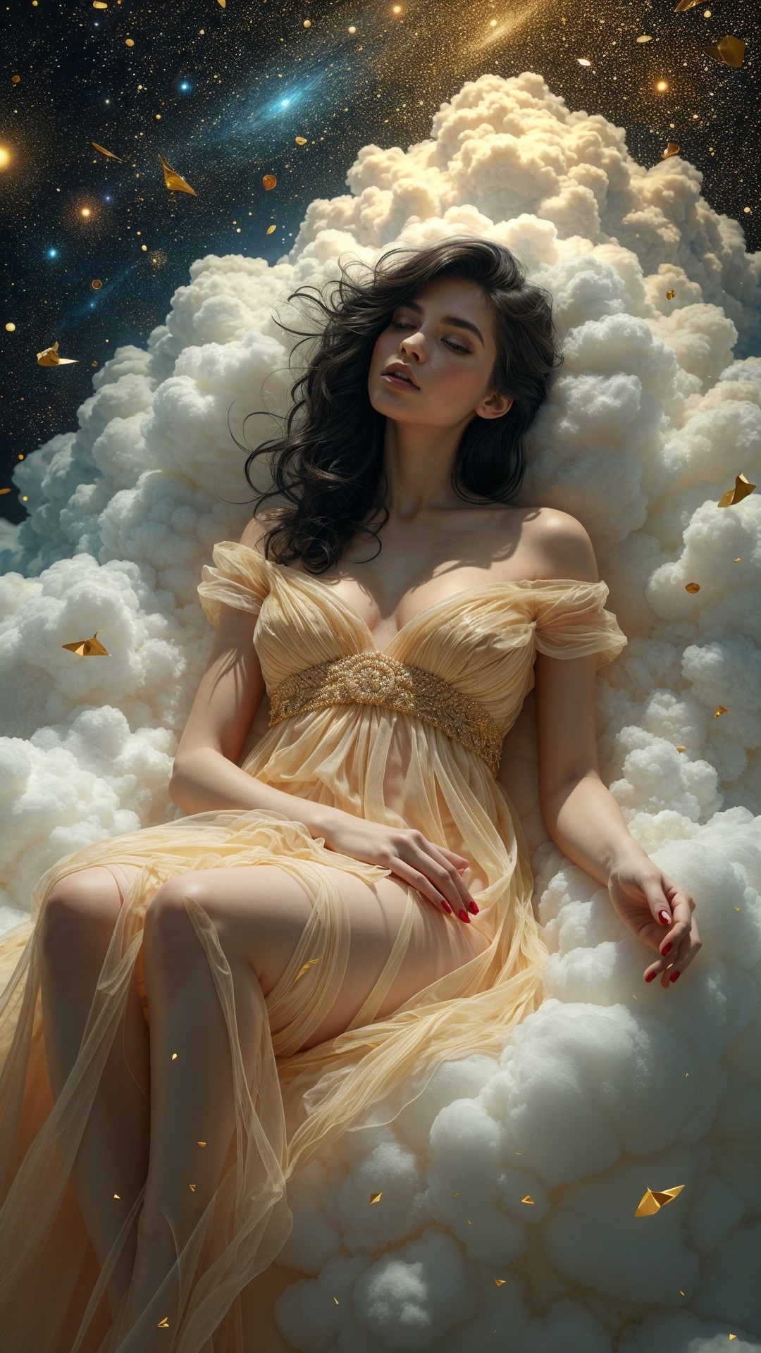 Serene Figure in Golden Gown on Cloud with Galaxy Background
