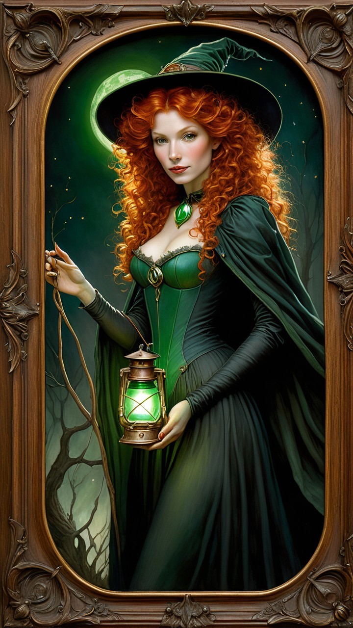 Sorceress in Green Gown with Lantern in Forest