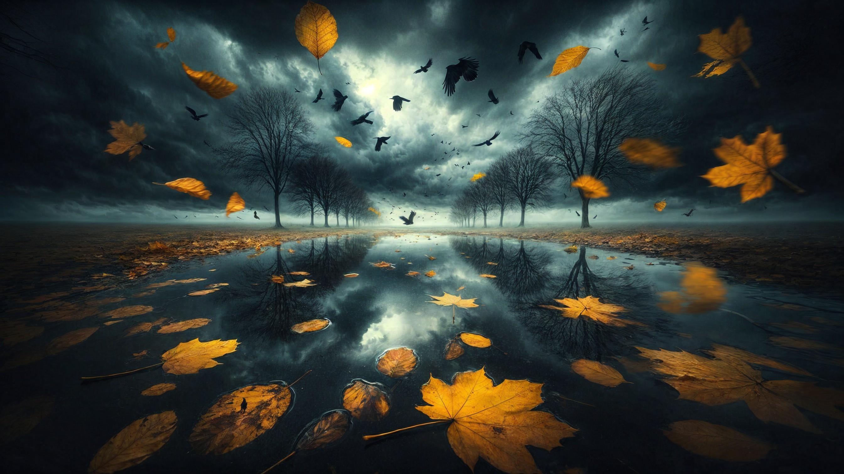 Moody Landscape with Stormy Sky and Autumn Leaves