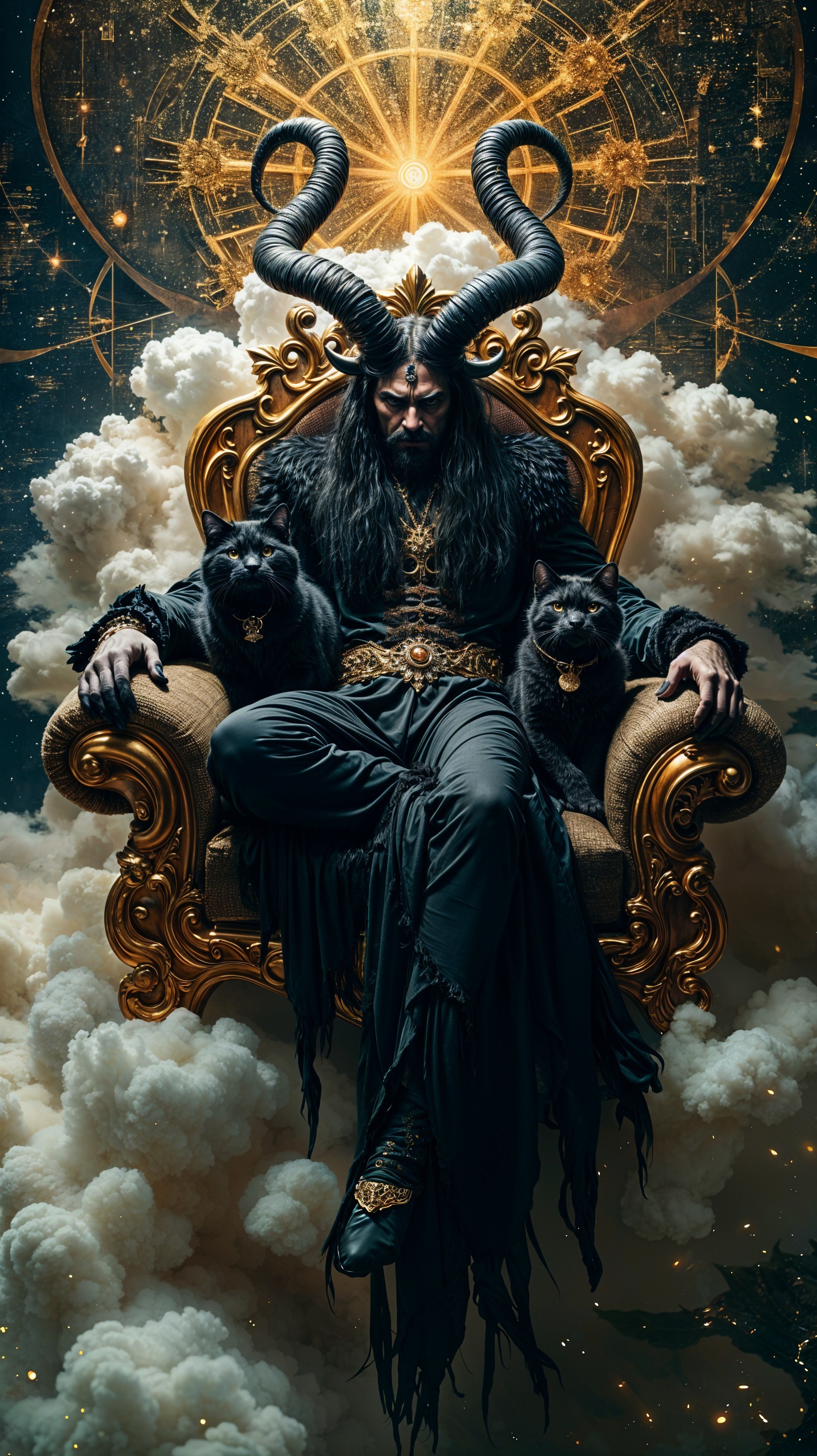 Regal Dark Figure on Lavish Throne with Cats