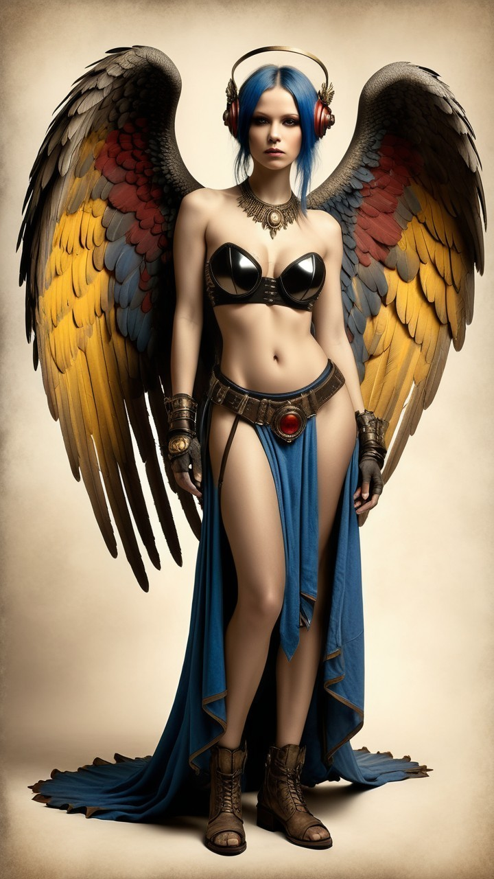 Multicolored Winged Figure in Modern Fantasy Attire