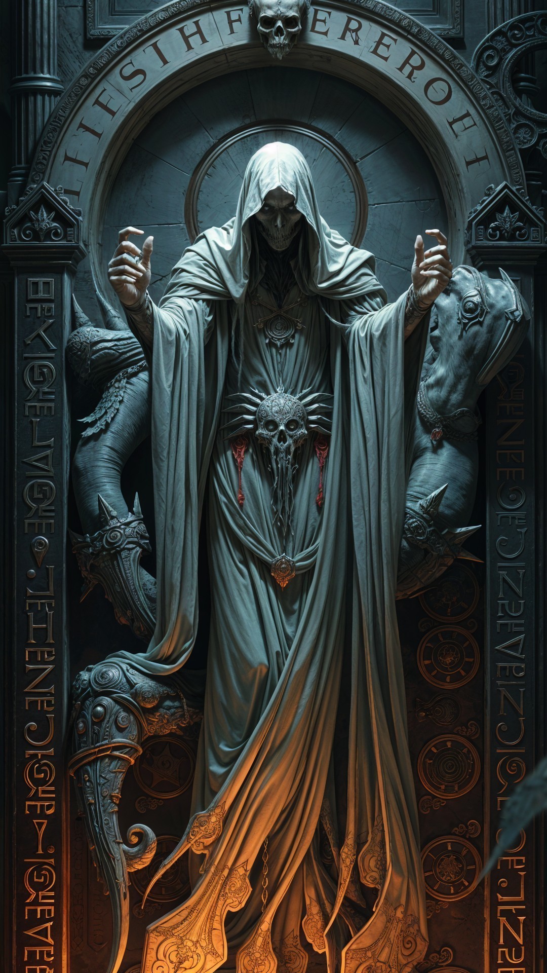Dark Figure in Cloak with Horse-like Creatures