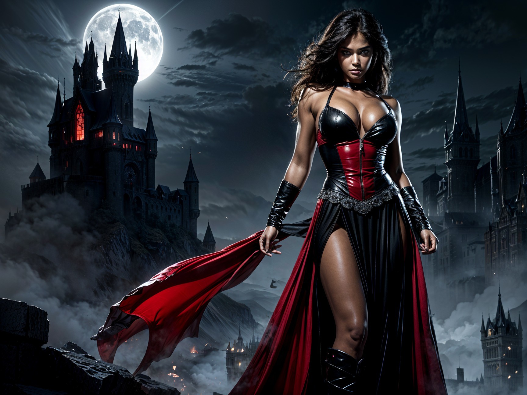 Mysterious Figure in Gothic Castle Under Full Moon