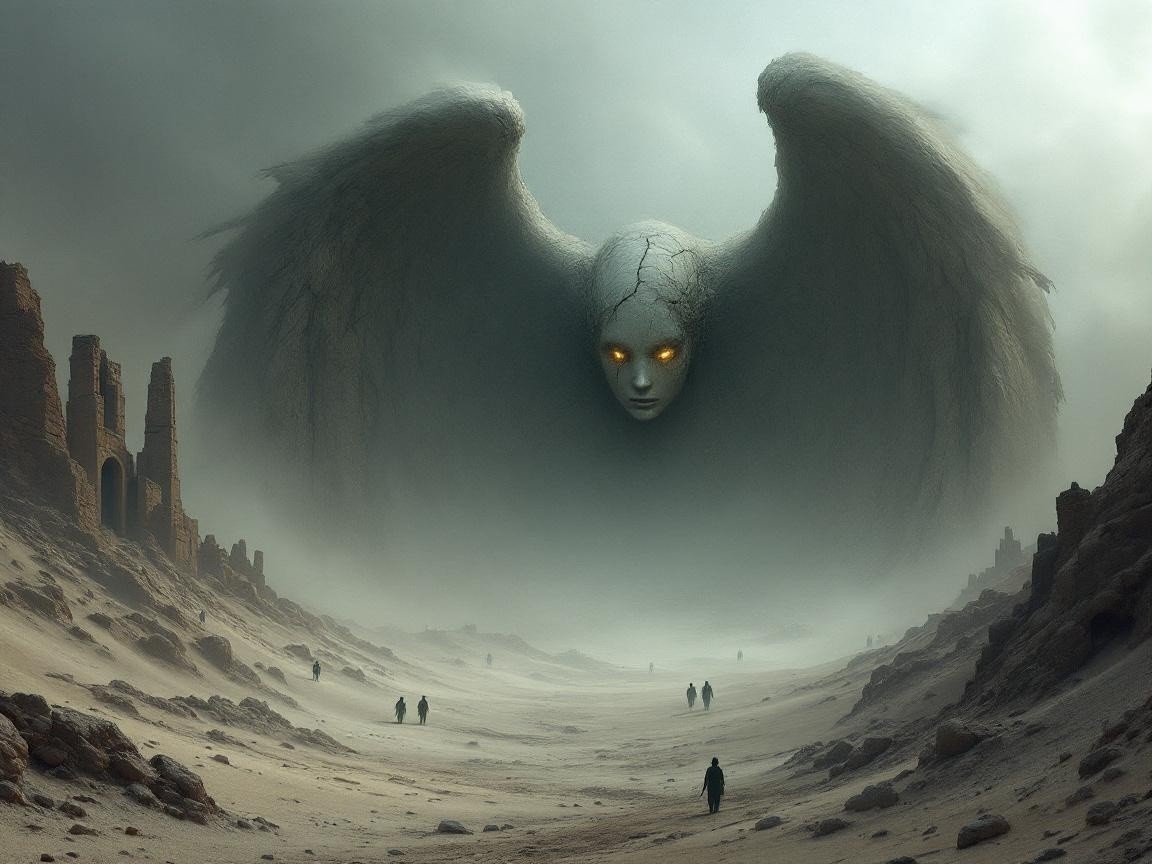 Desolate landscape with ruins and ethereal figure