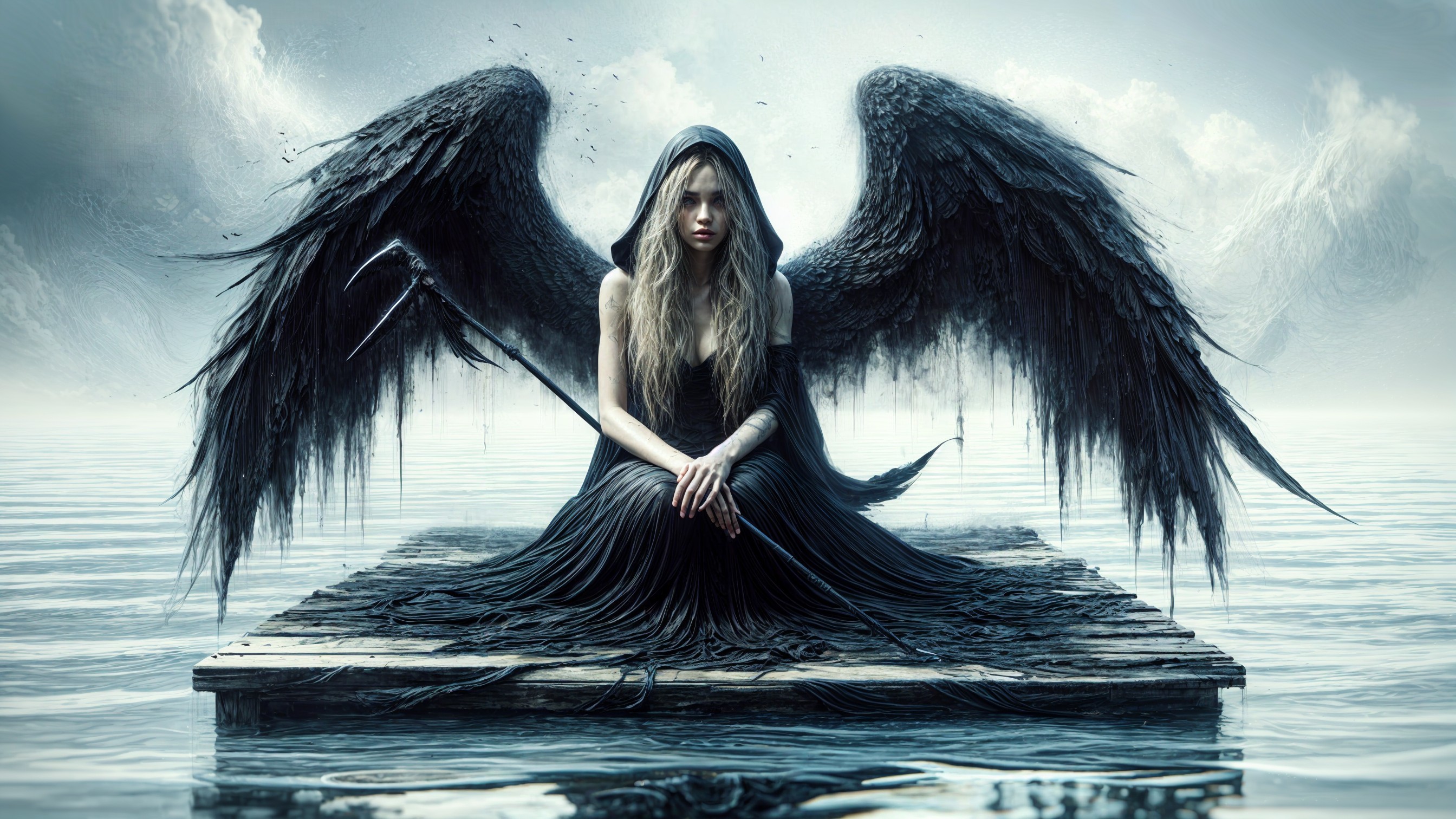 Haunting Figure with Dark Wings on Weathered Dock