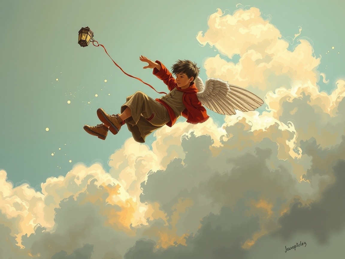 Boy with Wings Soaring Through Pastel Clouds