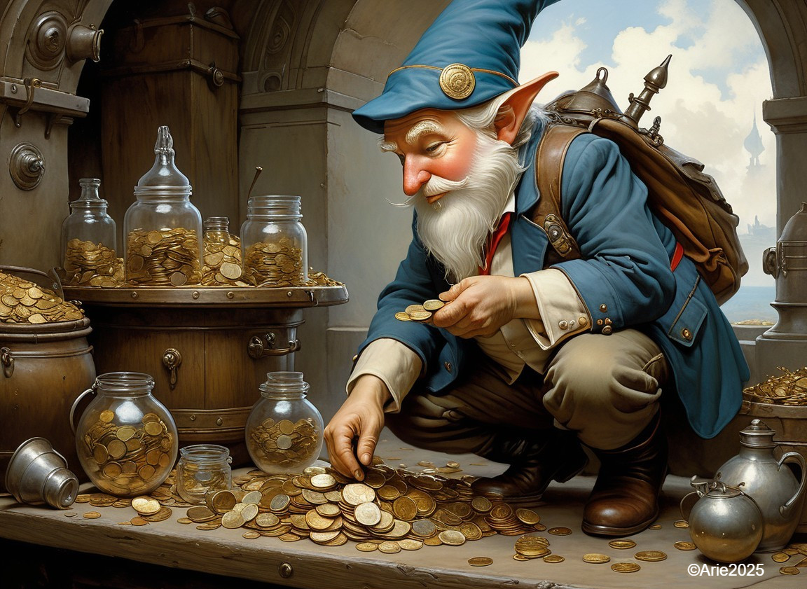 Gnome Inspecting Treasure in a Magical Setting