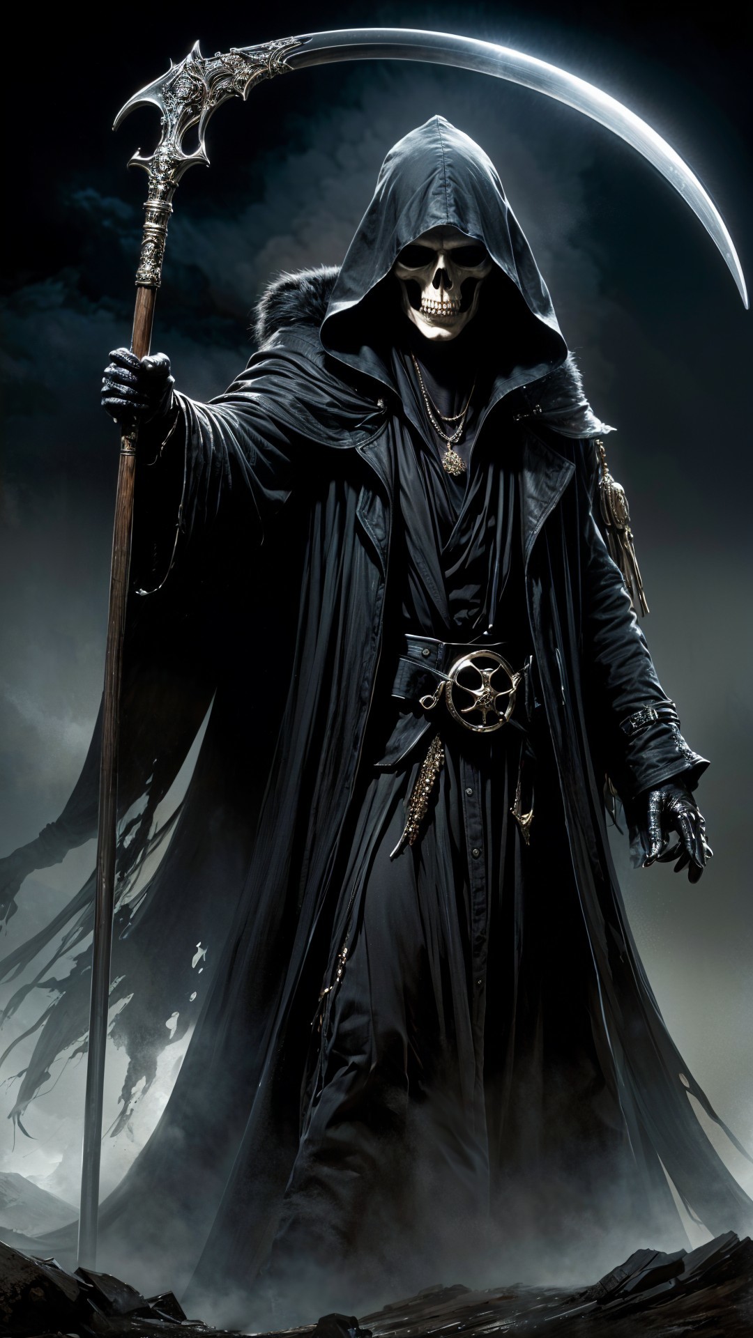 Dark Hooded Figure with Scythe in Misty Landscape