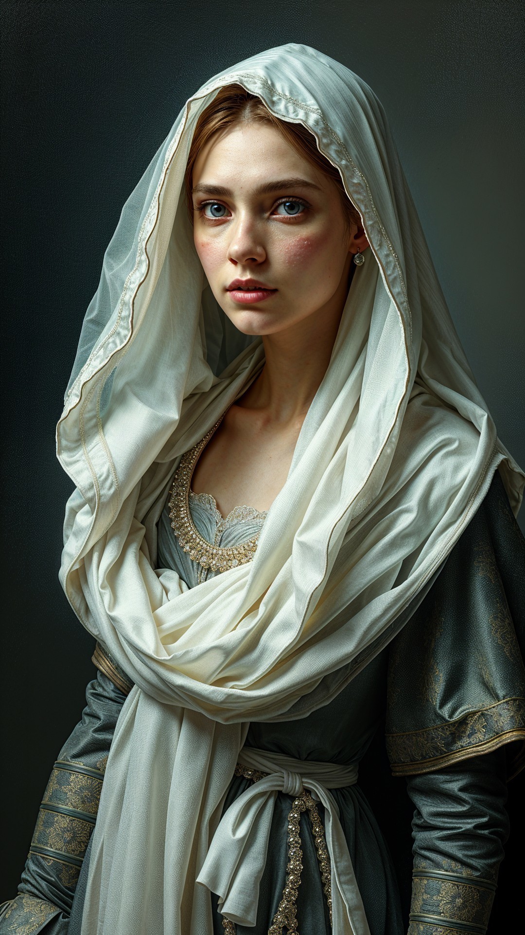 Young Woman in Intricate Garment with Ethereal Scarf