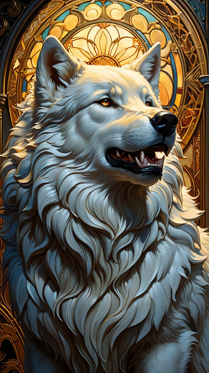 White Wolf in Front of Ornate Stained Glass Window