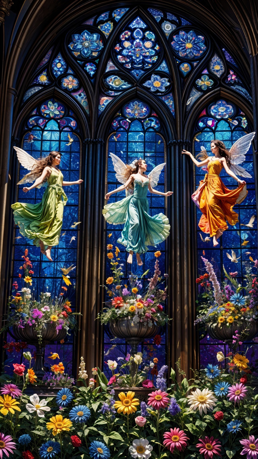 Ethereal Figures in Flowing Gowns Amidst Stained Glass