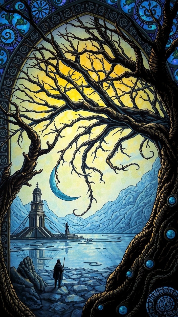 Surreal Landscape with Twisted Trees and Ancient Tower