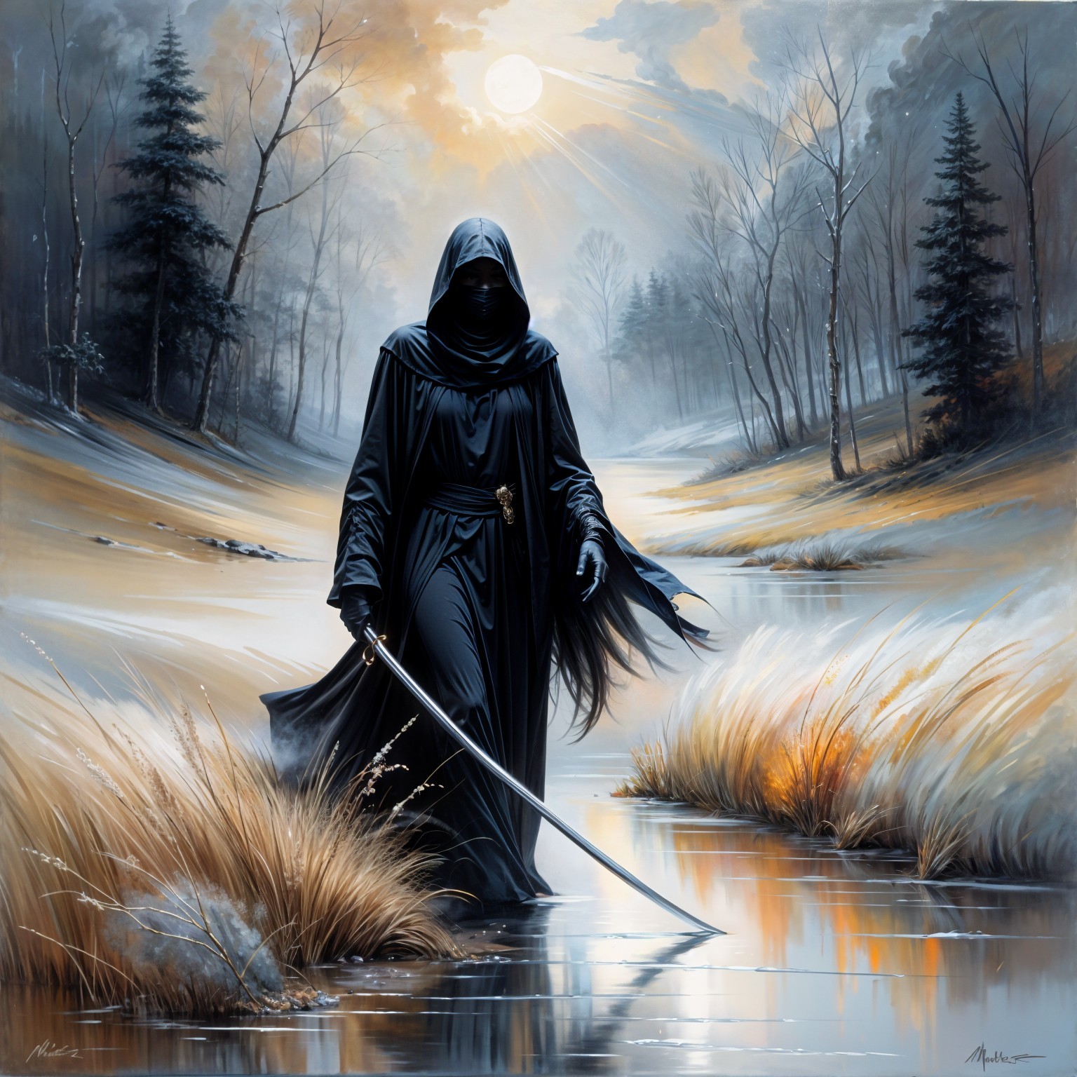 Cloaked Figure in Misty Landscape with Sword