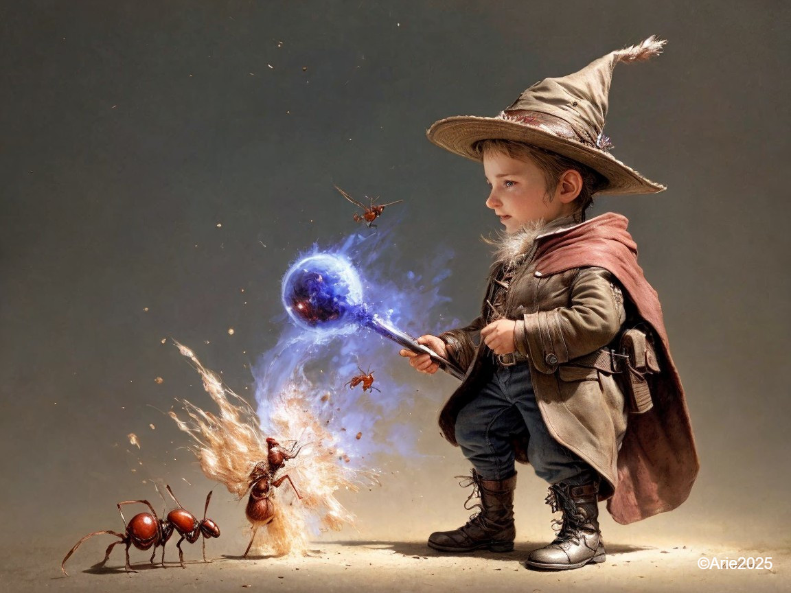 Child Wizard with Staff and Glowing Orb Facing Ants