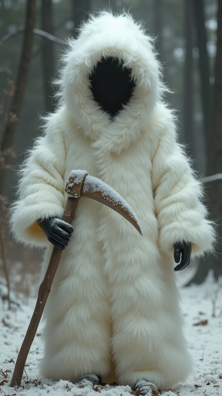 Mysterious Figure in Snowy Forest with Scythe
