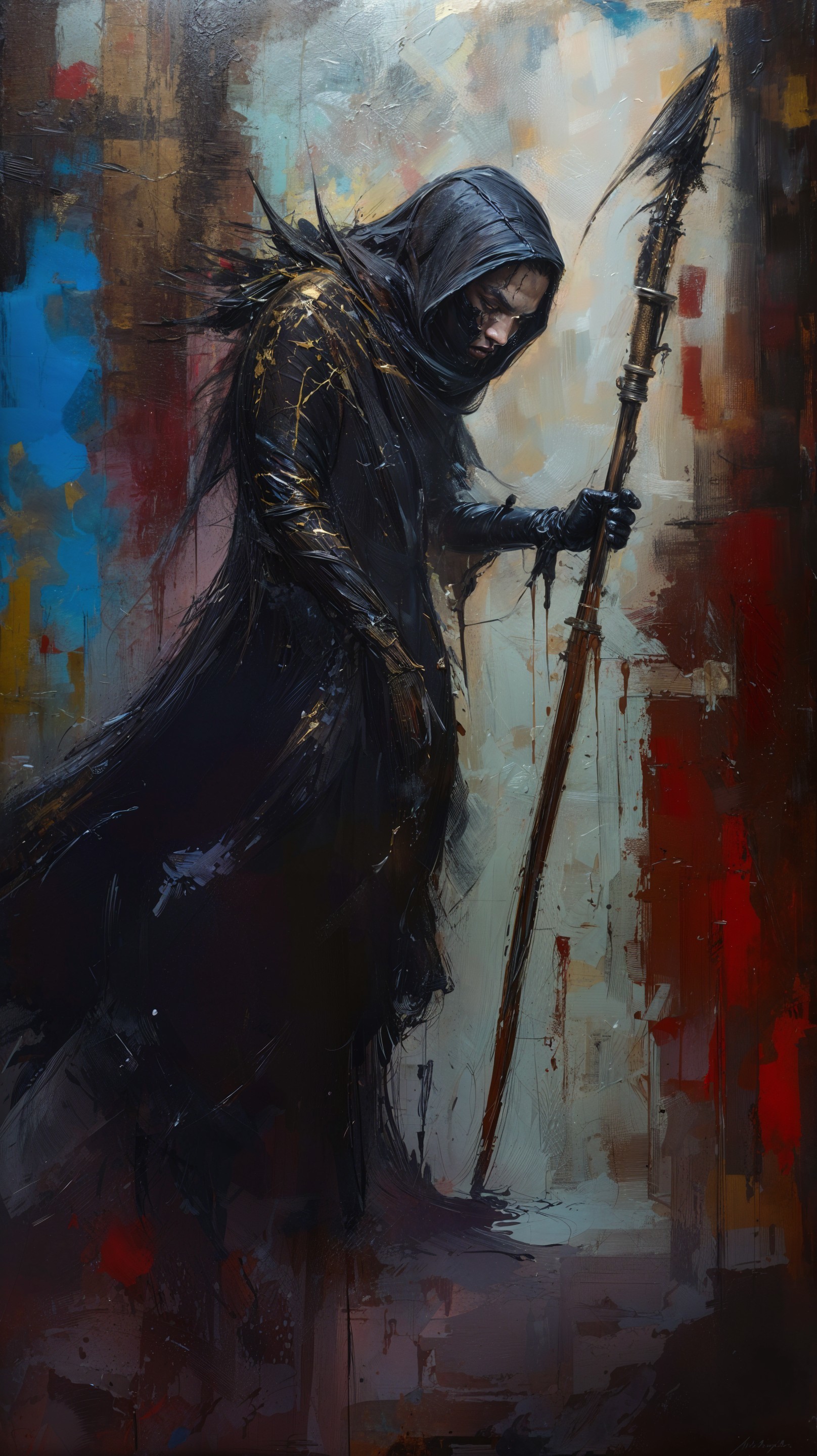 Mysterious Cloaked Figure with Spear in Abstract Setting
