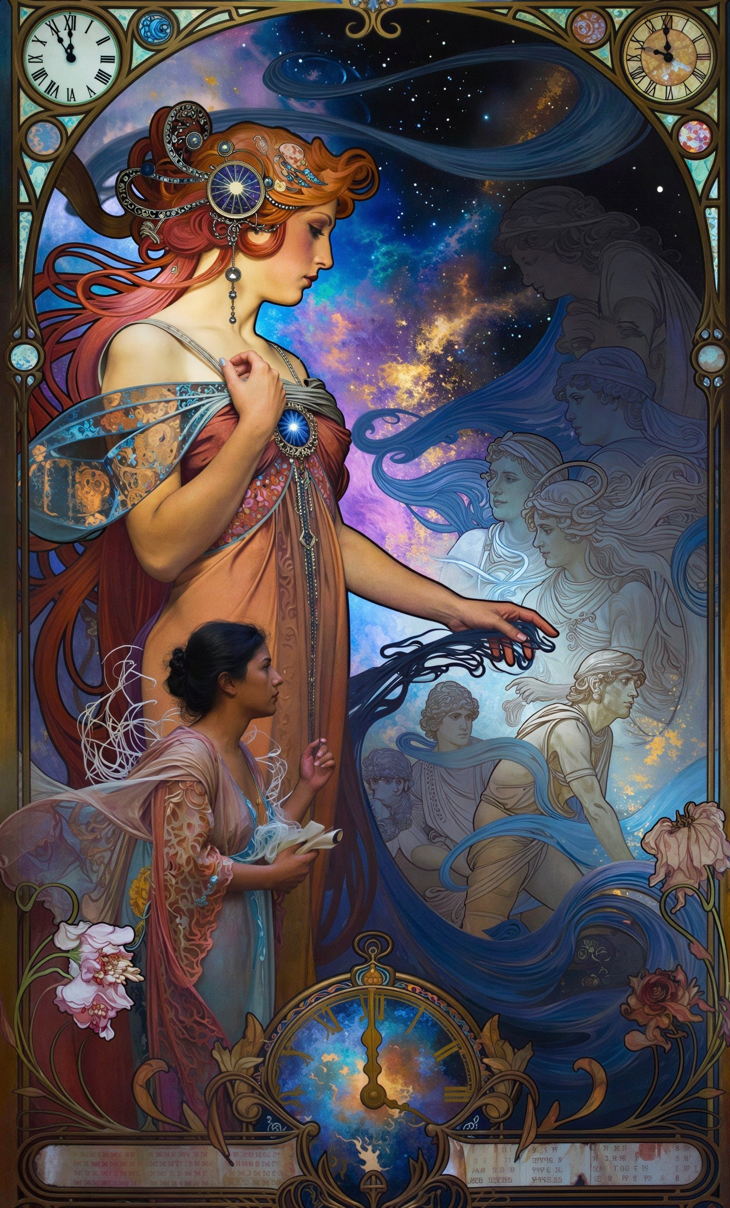 Art Nouveau Painting of Elegant Woman with Vortex
