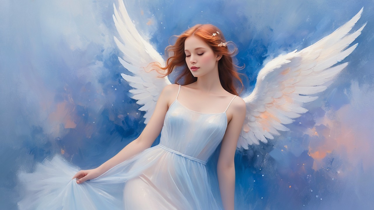 Angel with Red Hair and White Wings on Blue Background