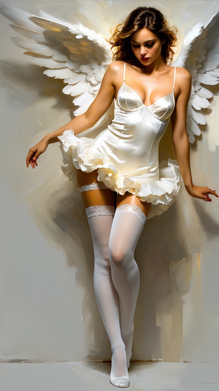 Woman in white dress with angel wings on light backdrop
