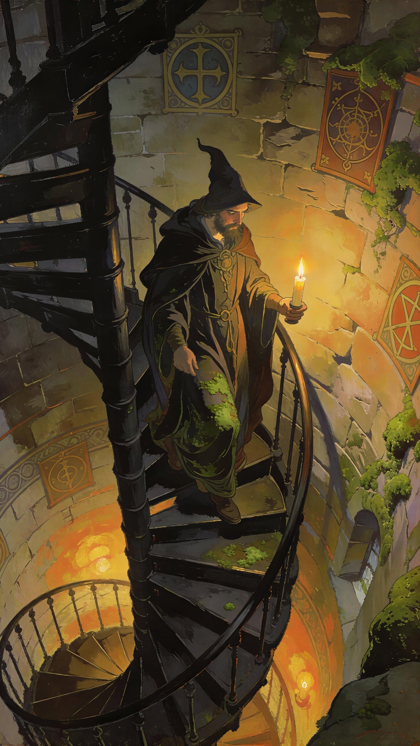 Wizard Descending Spiral Staircase in Stone Tower