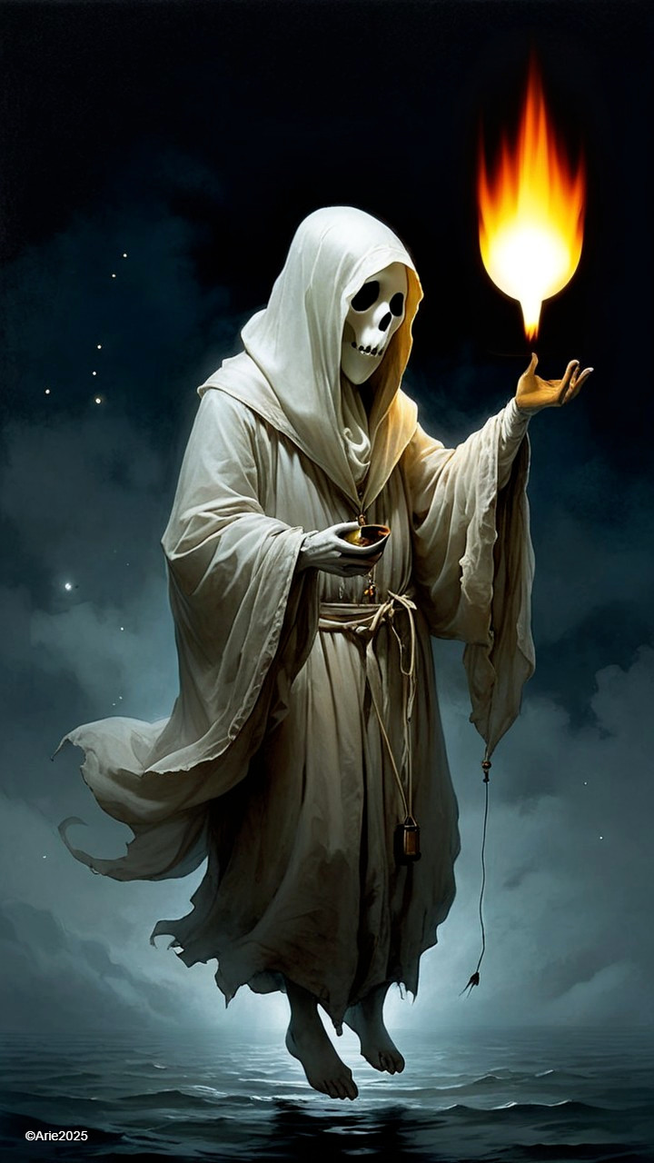 Spectral Figure in White Robes Over Dark Landscape