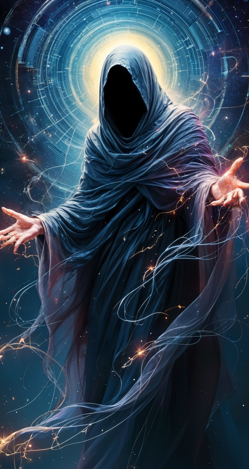 Mysterious figure in dark robes with cosmic energy
