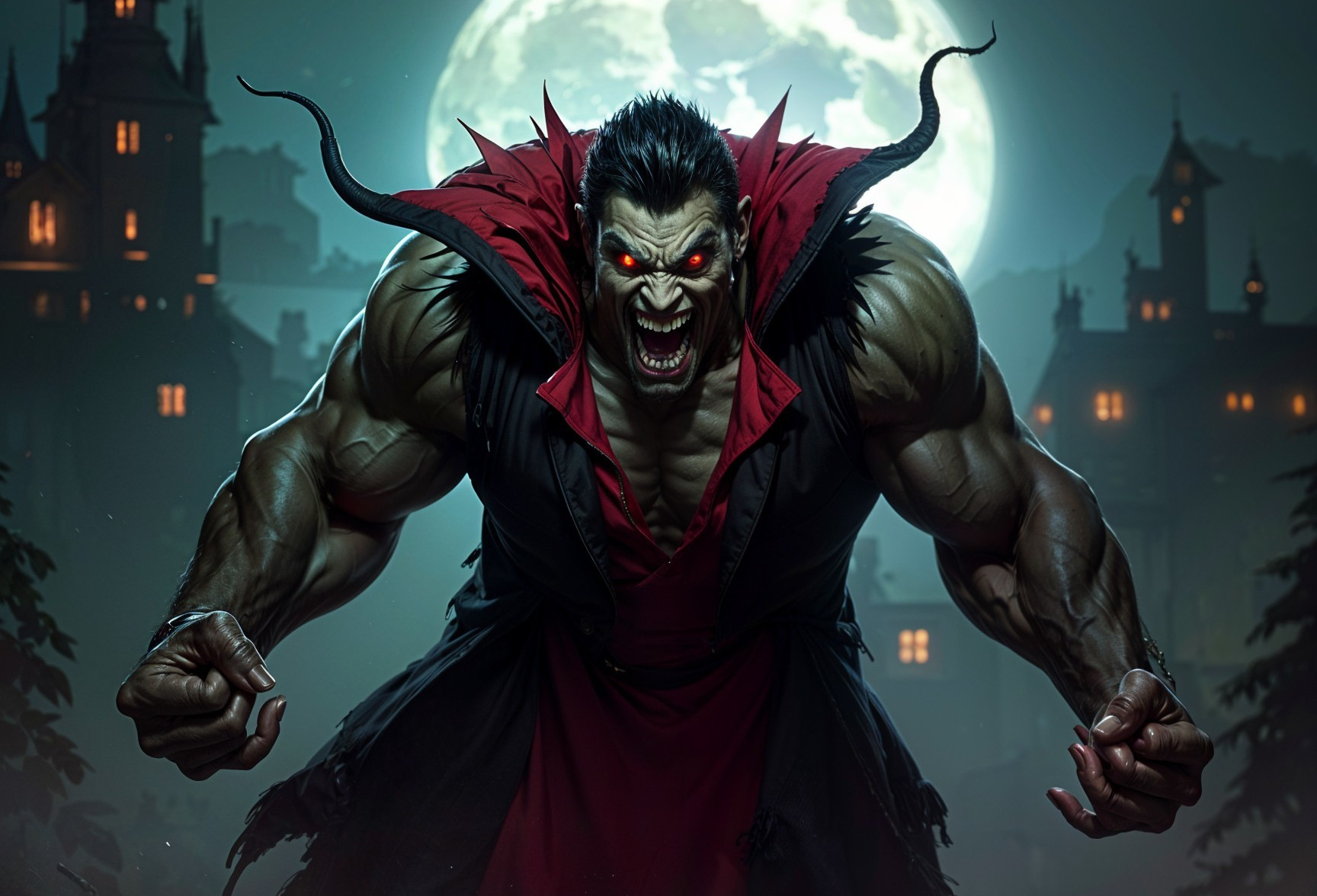 Muscular Creature with Red Eyes Against Full Moon