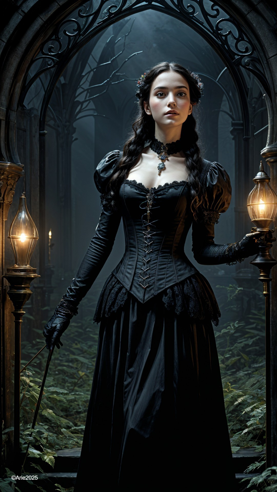 Young Woman in Gothic Setting with Lantern and Corset