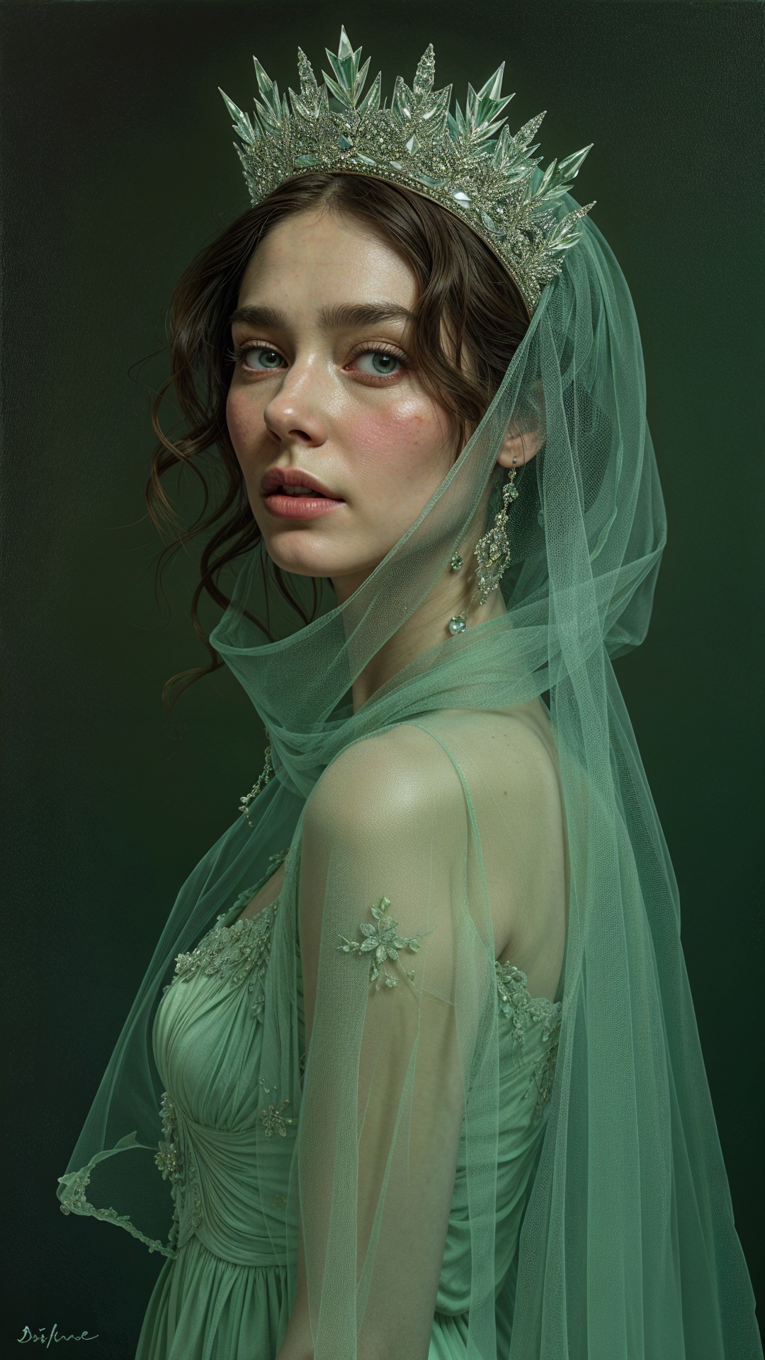 Young woman in mint-green gown with crystal crown