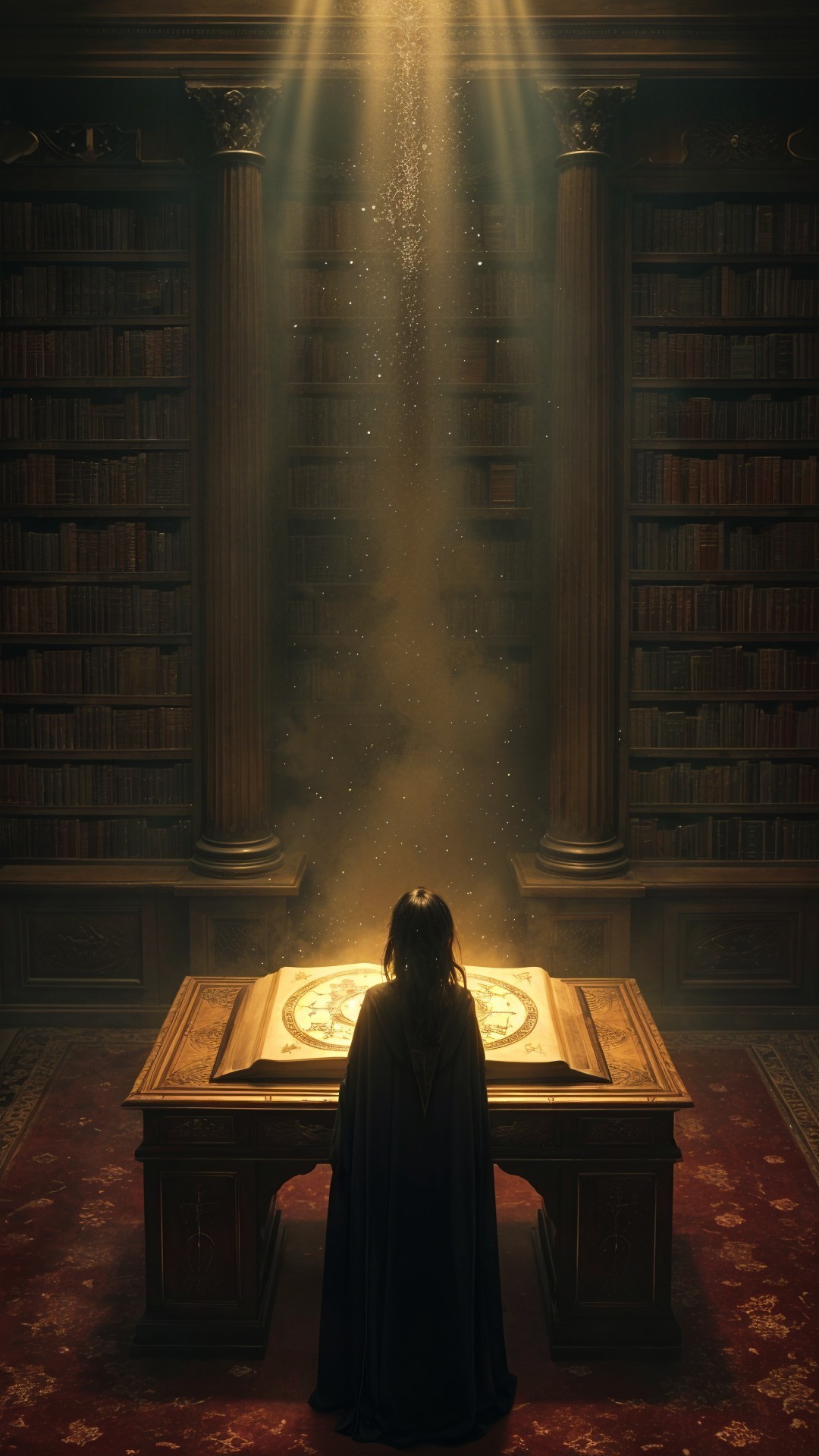 Cloaked Figure in Dimly Lit Library with Dust Particles