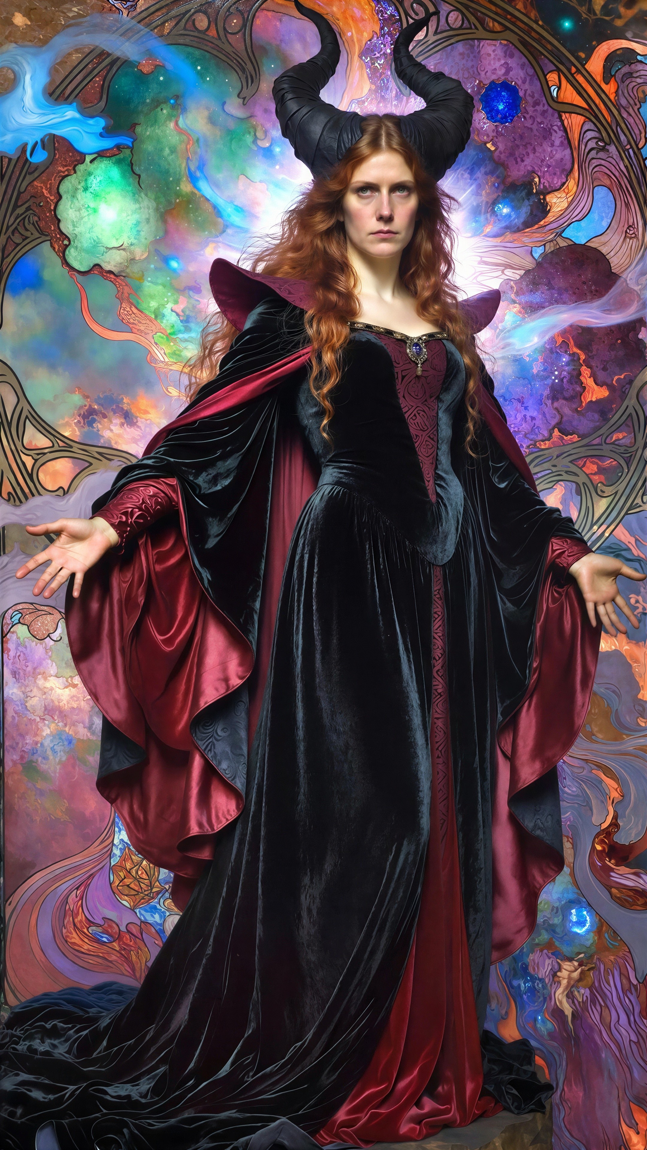 Maleficent in Black Velvet Dress on Purple Pedestal