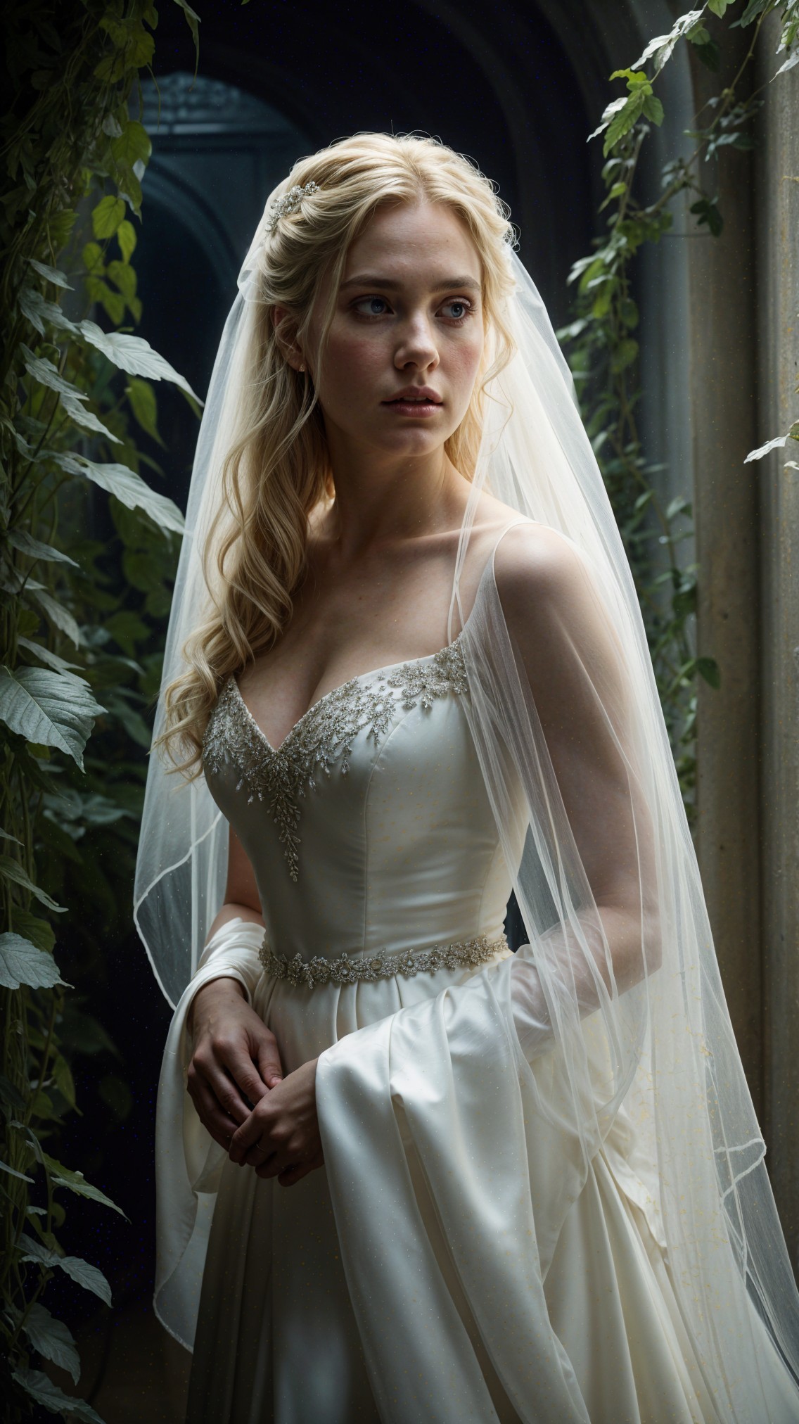 Elegant Bride in Satin Gown Surrounded by Greenery