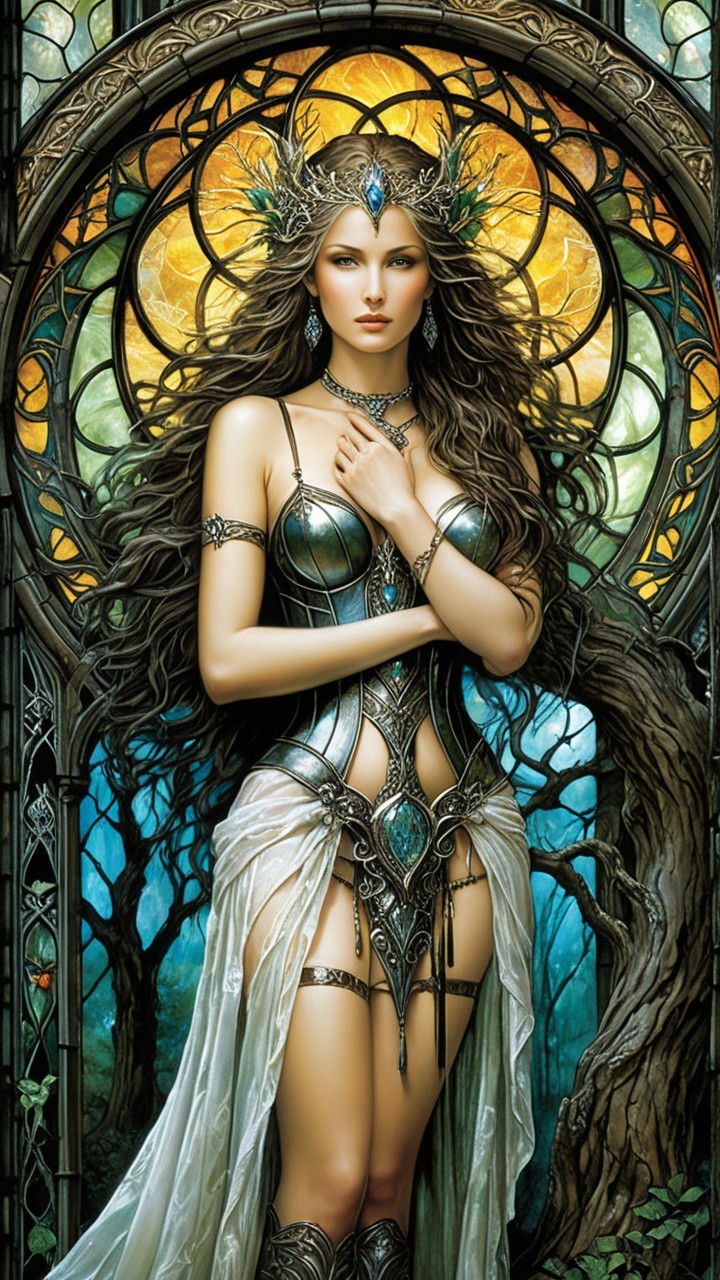 Mystical Figure in Intricate Metallic Armor with Stained Glass
