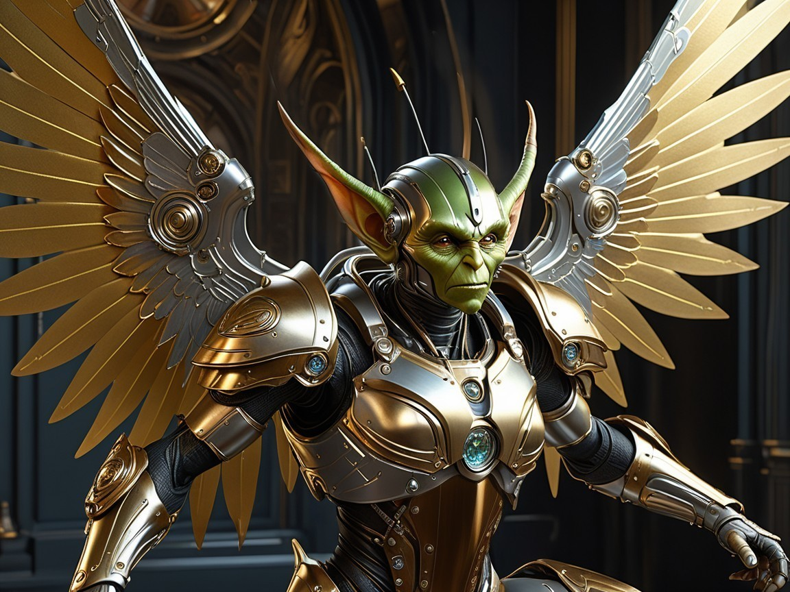 Goblin-Angel Hybrid with Gold Armor and Wings