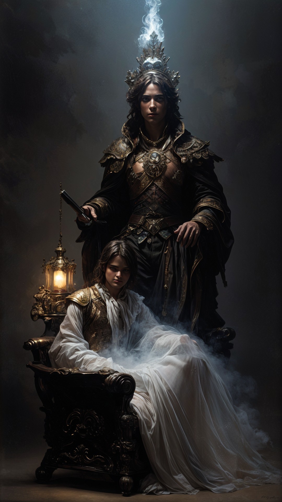 Regal Figures in an Ethereal Setting with Mist and Light