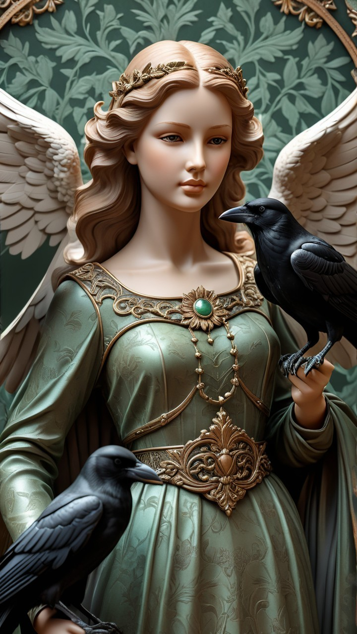 Ethereal figure in green gown with black ravens