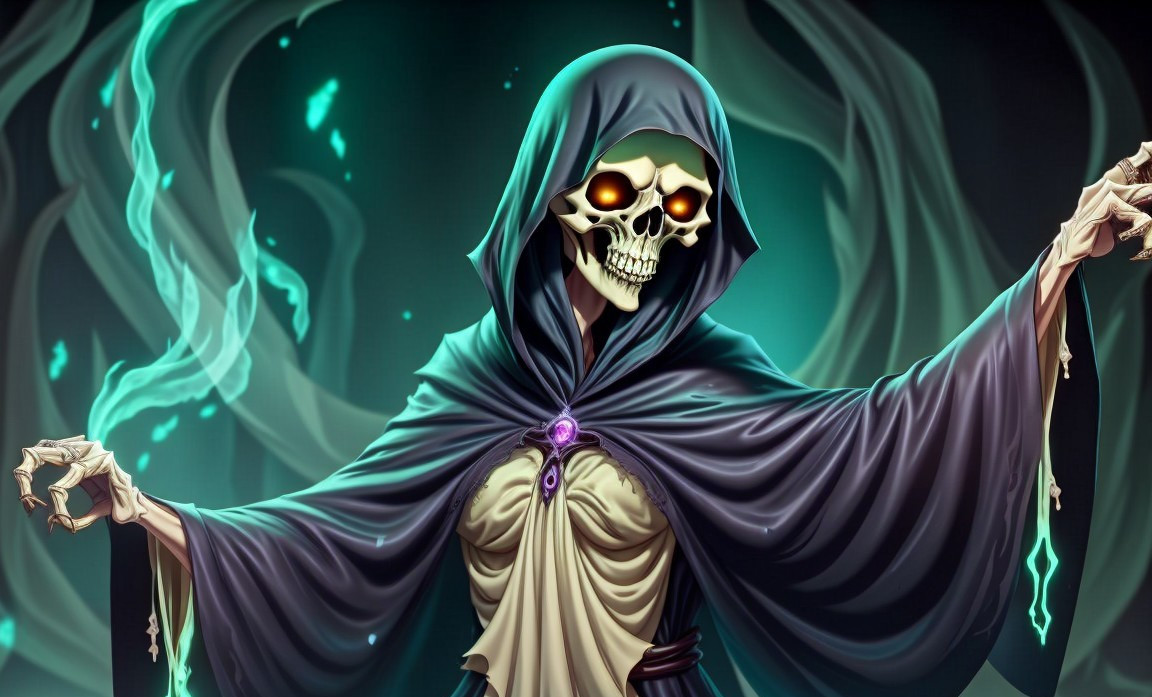 Mysterious cloaked figure with skull head and glowing eyes