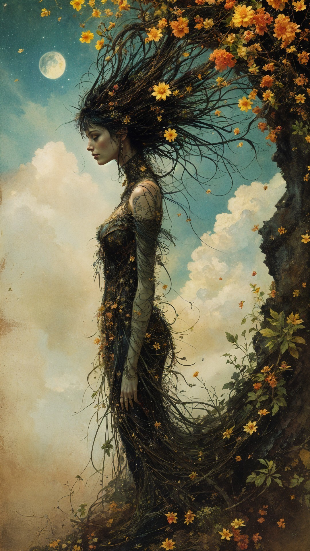 Mystical Figure Embodying Nature Against Dreamy Sky