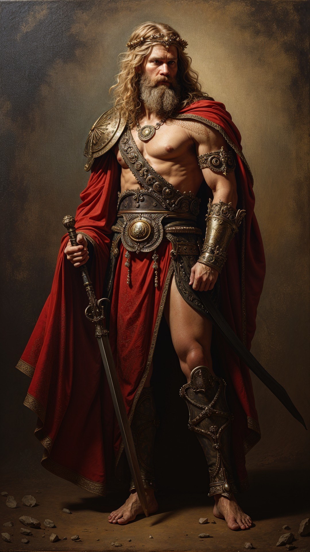 Muscular Male Warrior in Ancient Armor with Sword
