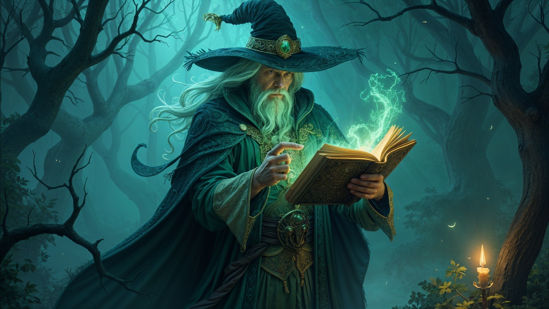 Mystical Wizard in Enchanted Shadowy Forest