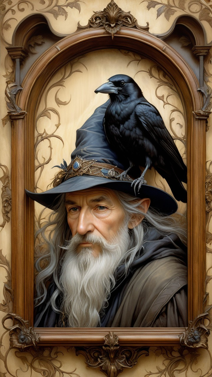 Elderly wizard in dark robe with raven on hat