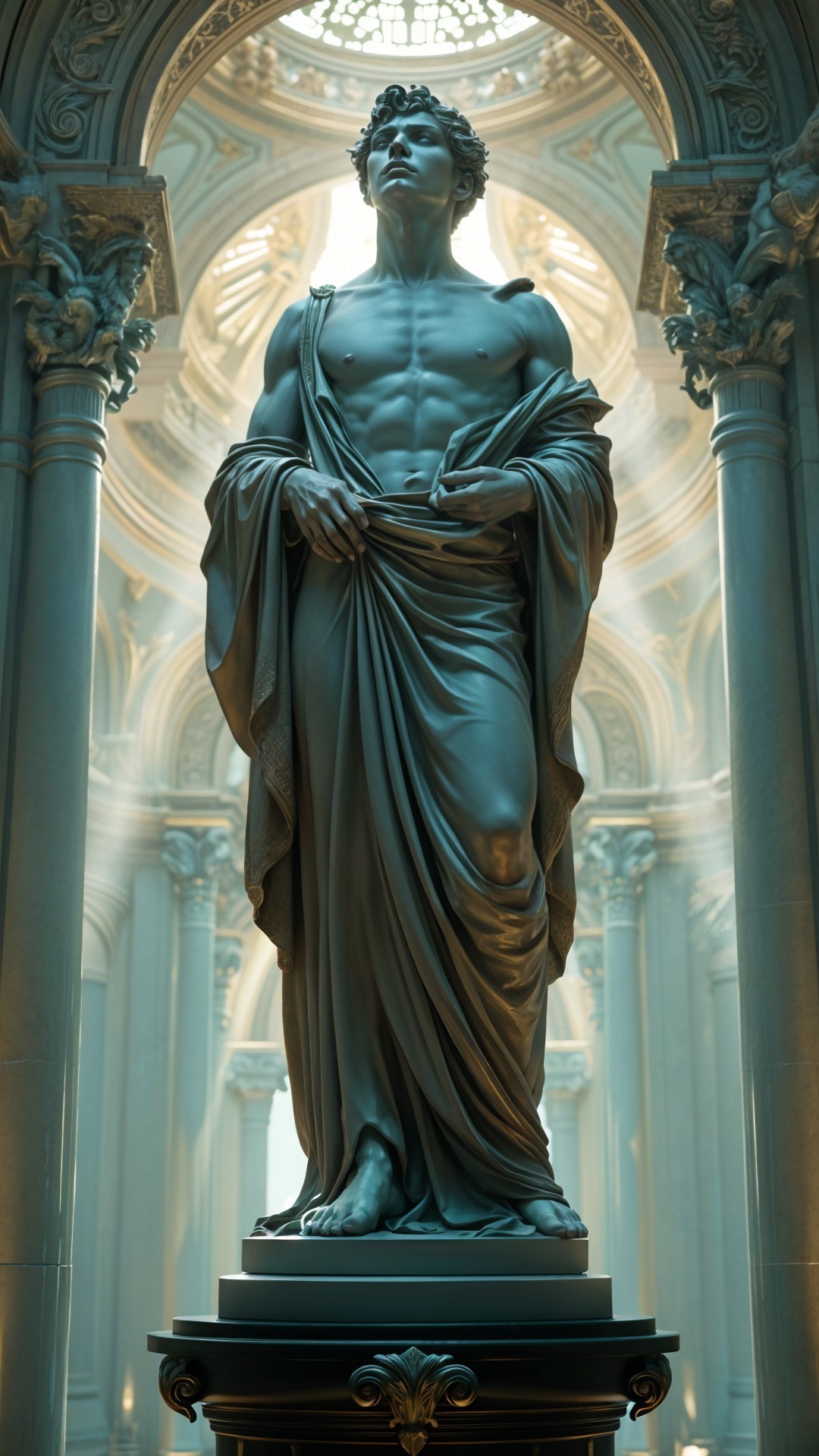 Marble Statue in Ornate Hall with Architectural Details