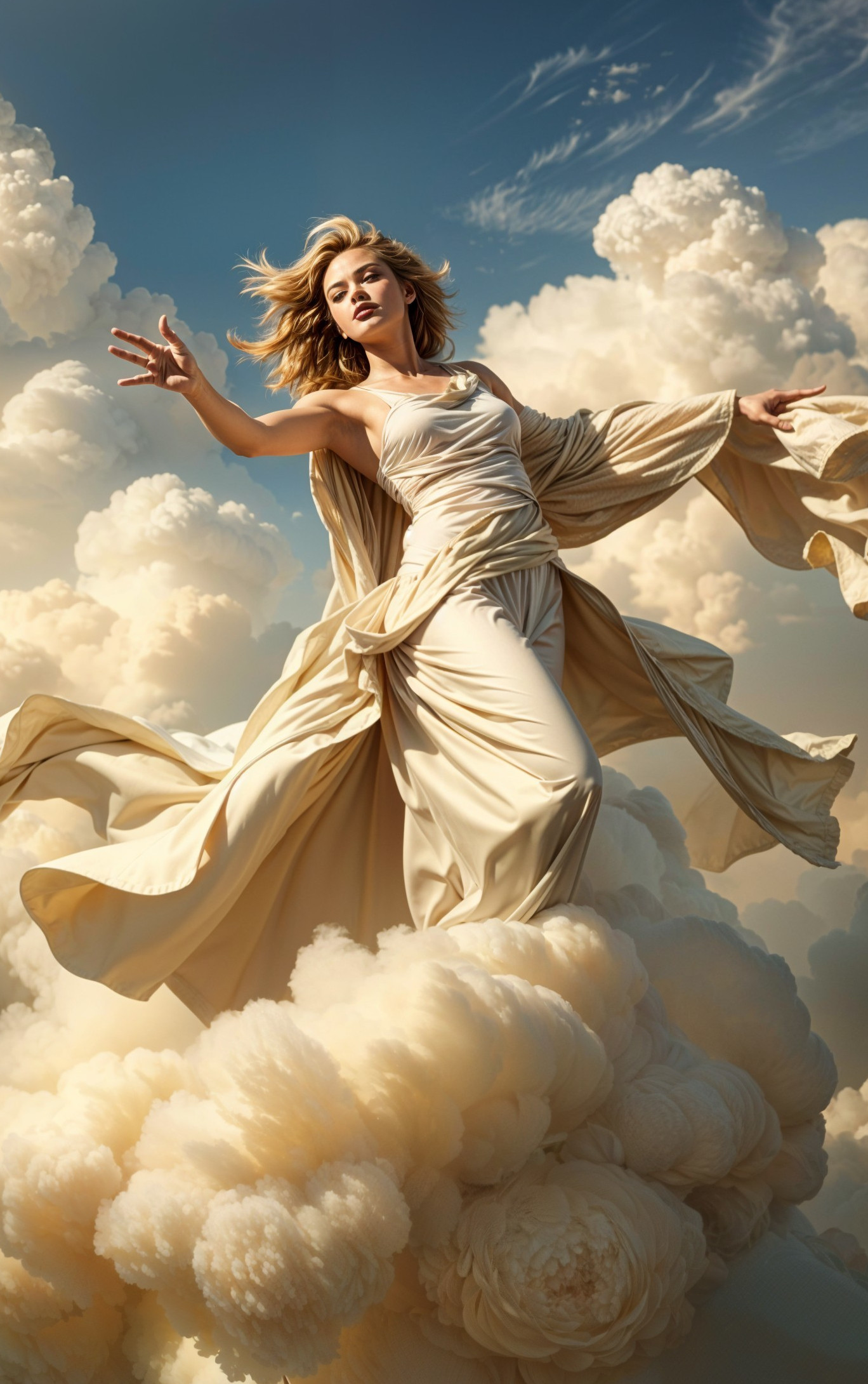 Majestic figure in flowing gown atop billowing clouds